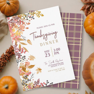 Watercolor fall floral plaid Thanksgiving Dinner Invitation