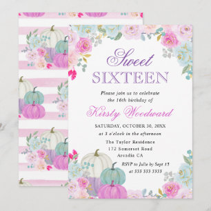 Watercolor Fall Floral Pumpkins Sweet Sixteen Invitation