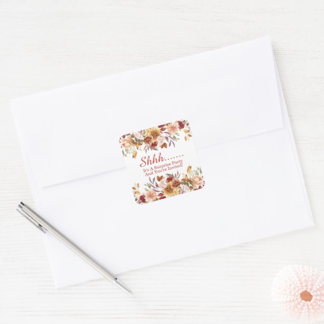 Watercolor Fall Floral Surprise Party Square Sticker (Envelope)