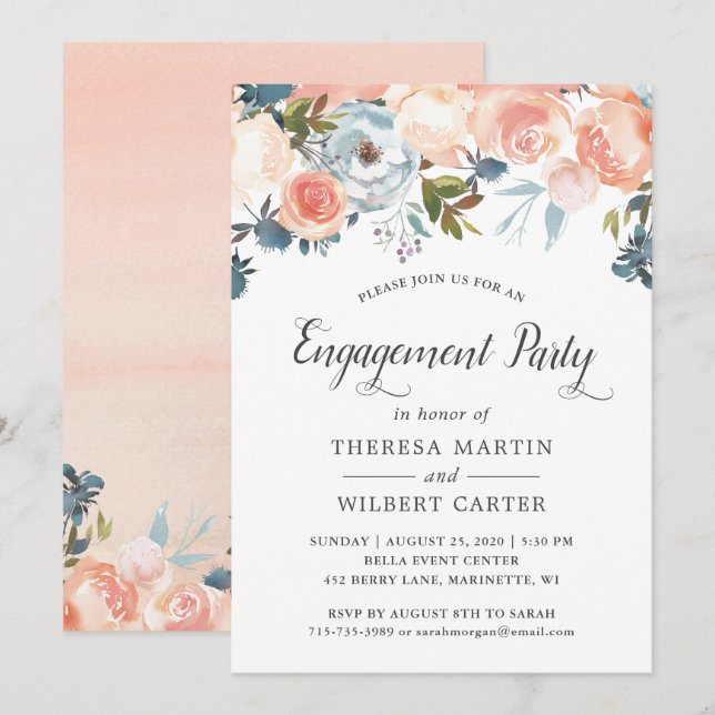 Watercolor Fall Floral Wedding Engagement Party Invitation (Front/Back)