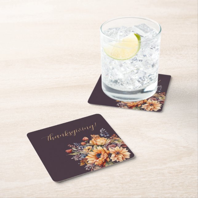 Watercolor Fall Flowers- Square Paper Coaster (Insitu)