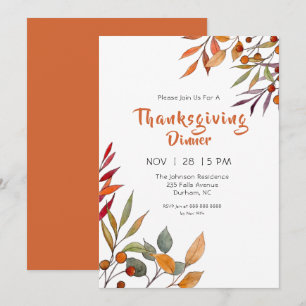 Watercolor Fall foliage Thanksgiving invitation