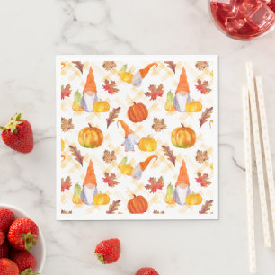 Watercolor Fall Gnomes, Pumpkins And Leaves Napkin