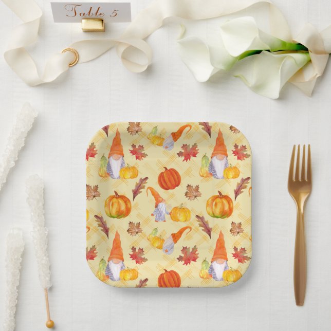 Watercolor Fall Gnomes, Pumpkins And Leaves Paper Plate (Wedding)