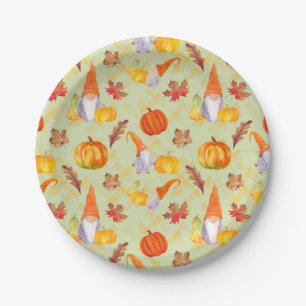 Watercolor Fall Gnomes, Pumpkins And Leaves Paper  Plate