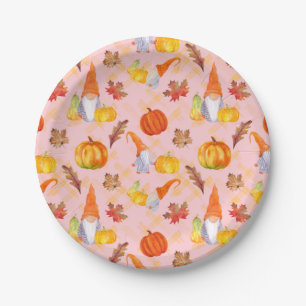 Watercolor Fall Gnomes, Pumpkins And Leaves Paper Plate