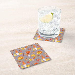 Watercolor Fall Gnomes, Pumpkins And Leaves Square Paper Coaster