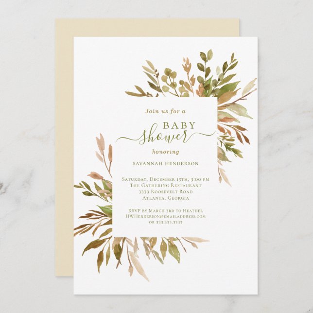 Watercolor Fall Greenery Baby Shower  Invitation (Front/Back)
