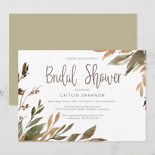 Watercolor Fall Greenery Bridal Shower Invitation (Front/Back)