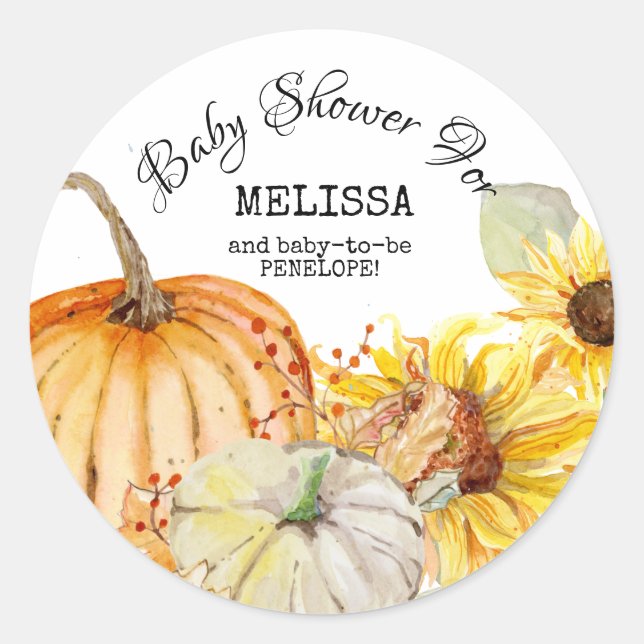 Watercolor Fall Harvest Pumpkin Sunflower Baby Classic Round Sticker (Front)