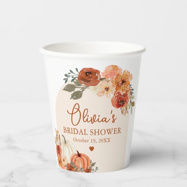 Watercolor Fall in Love Pumpkin Bridal Shower Paper Cups (Front)