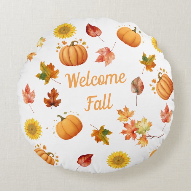 Watercolor Fall Leaves and Pumpkins Round Pillow (Front)