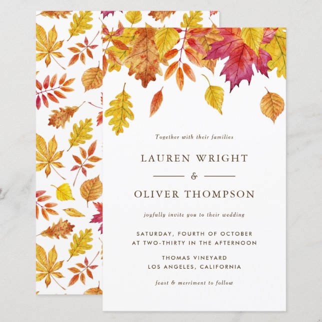 Watercolor Fall Leaves Autumn Wedding Invitation (Front/Back)
