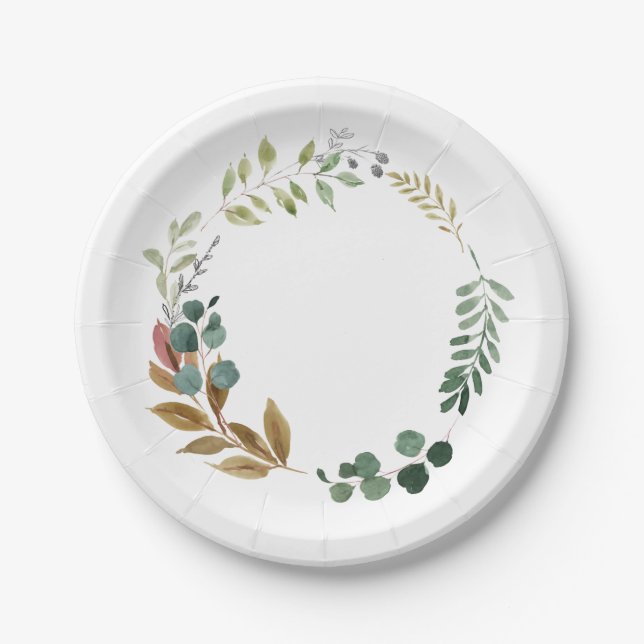 Watercolor Fall Leaves Greenery Modern Wreath Paper Plate (Front)