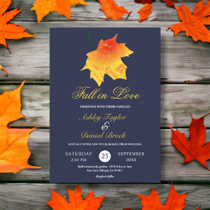 Watercolor Fall Leaves Navy Blue Floral Wedding Invitation