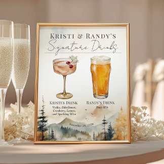 Watercolor Fall Mountain Wedding Drinks Bar Sign