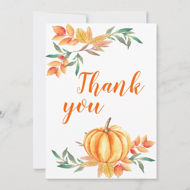 Watercolor Fall Orange Pumpkin Thank You Card (Front)
