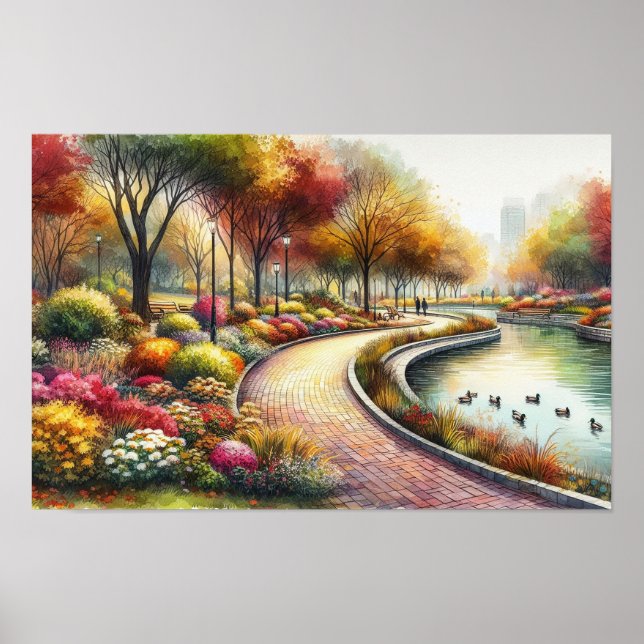 Watercolor Fall Park Scene Poster (Front)