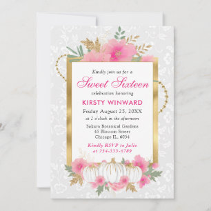 Watercolor Fall Pink Gold Floral Pumpkin Sweet 16 Invitation