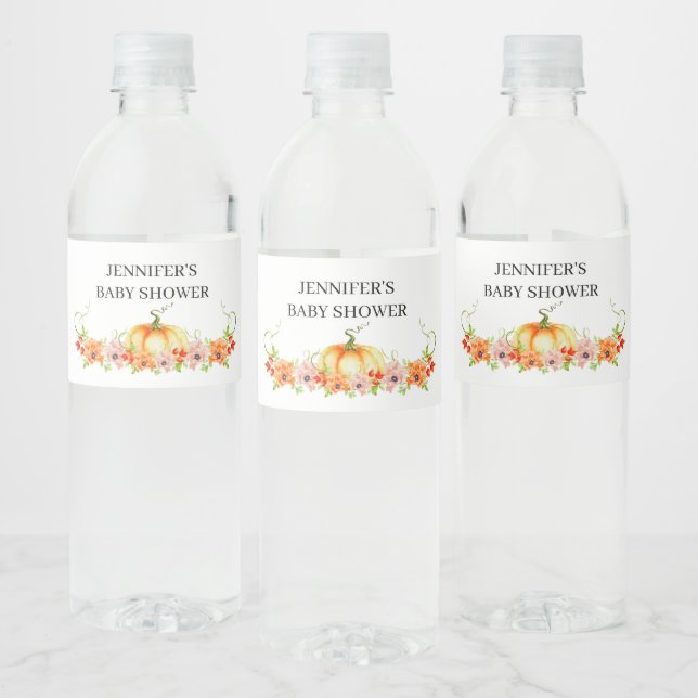 Watercolor fall pumpkin baby shower water bottle label (Bottles)
