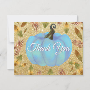 Watercolor Fall Pumpkin Gold Glitter Blue Thank You Card