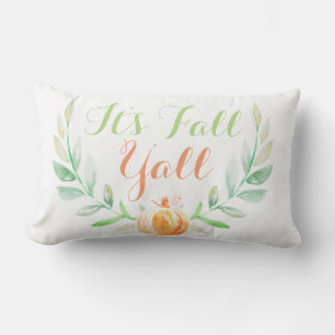 Watercolor Fall Pumpkin & Laurels It's Fall Ya'll Lumbar Pillow