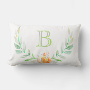 Watercolor Fall Pumpkin & Leaf Laurels Initial Lumbar Pillow