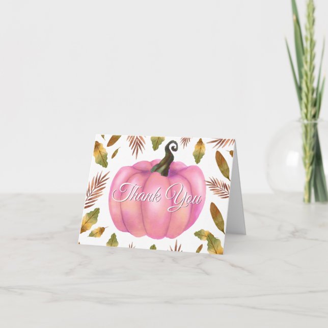 Watercolor Fall Pumpkin Pink Thank You card (Front)