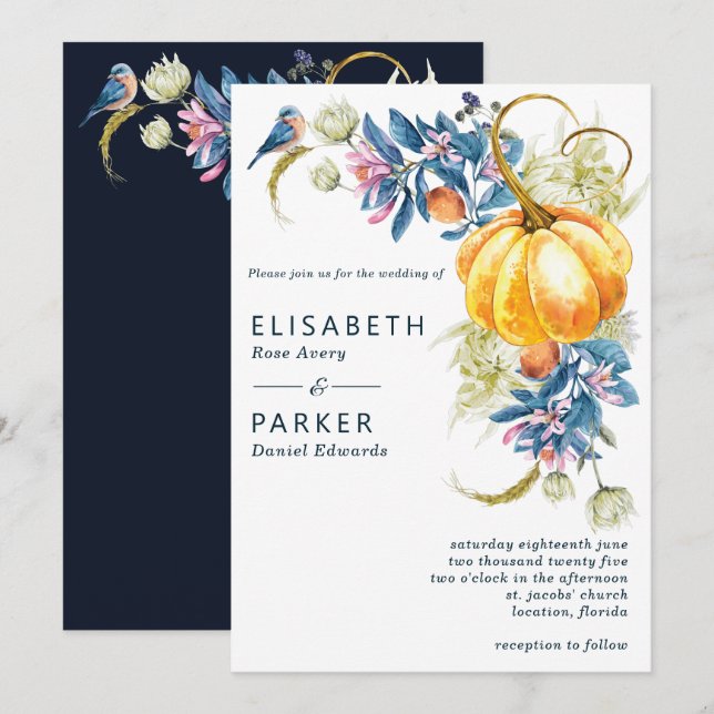 Watercolor Fall Pumpkin Wedding Invitation (Front/Back)