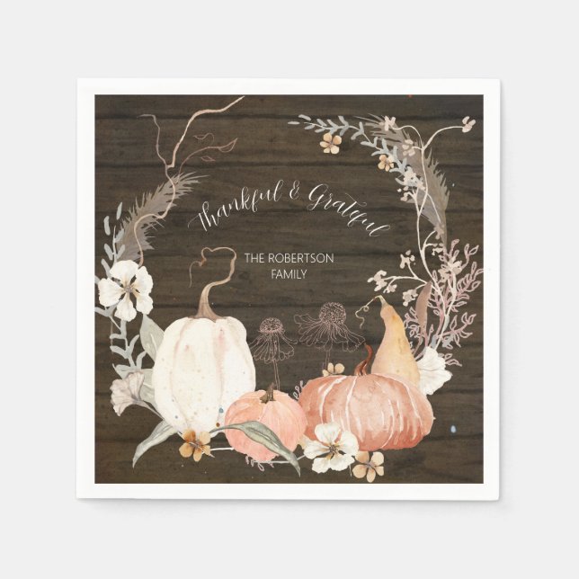 Watercolor Fall Pumpkins Floral Thankful Grateful Napkin (Front)