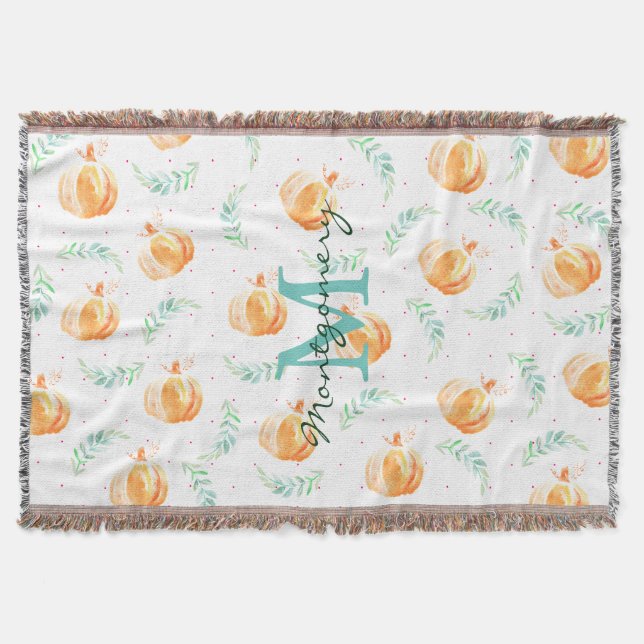 Watercolor Fall Pumpkins & Laurels Family Name Throw Blanket (Front)