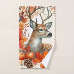 Watercolor Fall Season Orange Leaves and Deer  Hand Towel