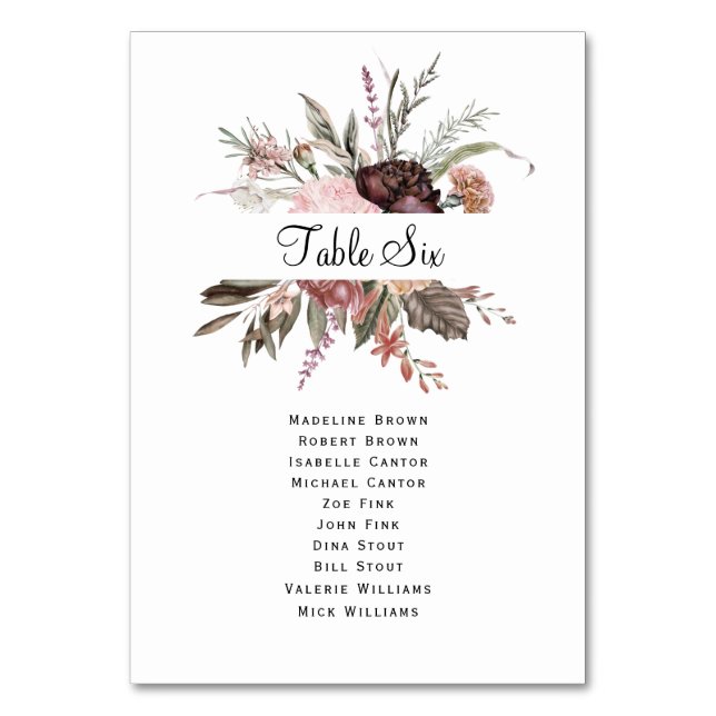 Watercolor Fall Wildflower Seating Chart Table Number (Front)