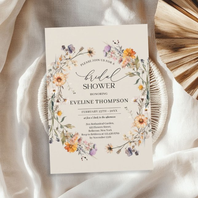 Watercolor fall wildflowers wreath blue orange invitation (Watercolor fall wildflowers wreath blue orange invitation)