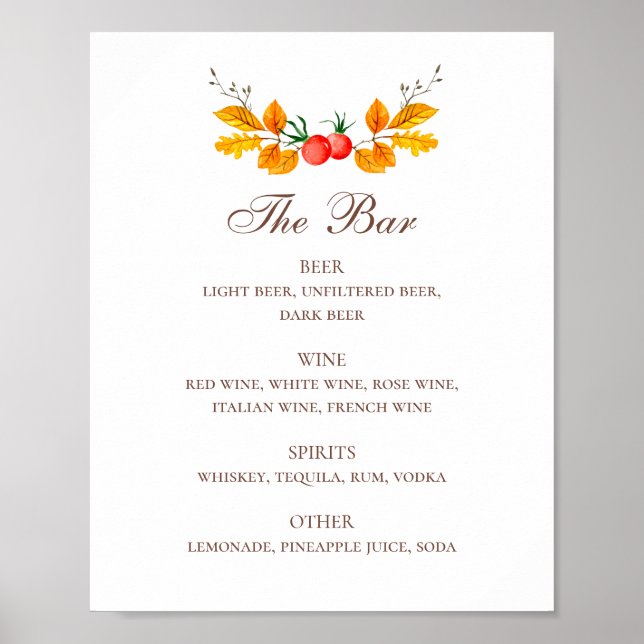 Watercolor fall woodland foliage wedding drinks poster (Front)