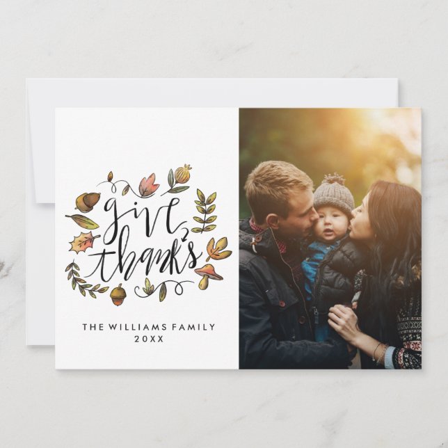 Watercolor Fall Wreath Thanksgiving Photo Holiday Card (Front)