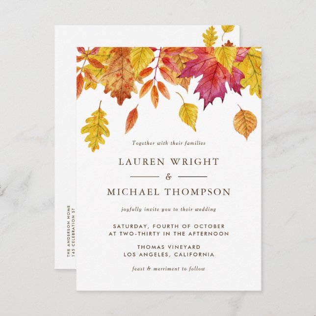 Watercolor Falling Leaves Autumn Wedding Invitation Postcard (Front/Back)