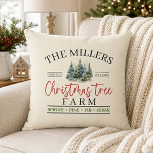 Watercolor Family Name Christmas Tree Farm Throw Pillow