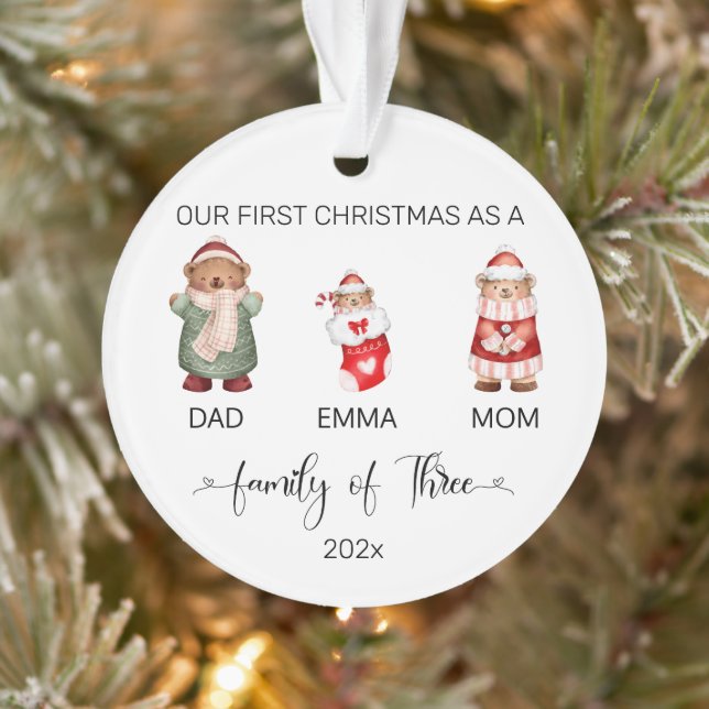 Watercolor Family of Three Baby's First Christmas Ornament (Tree)