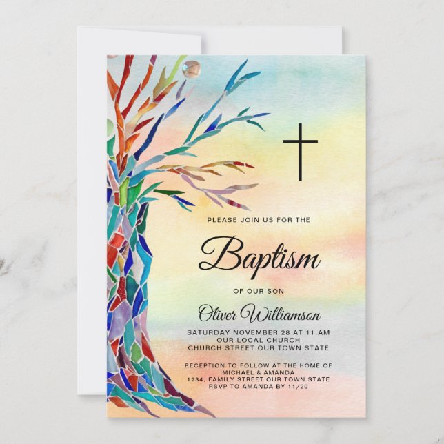 Watercolor Family Tree Baptism Christening Invitation (Front)