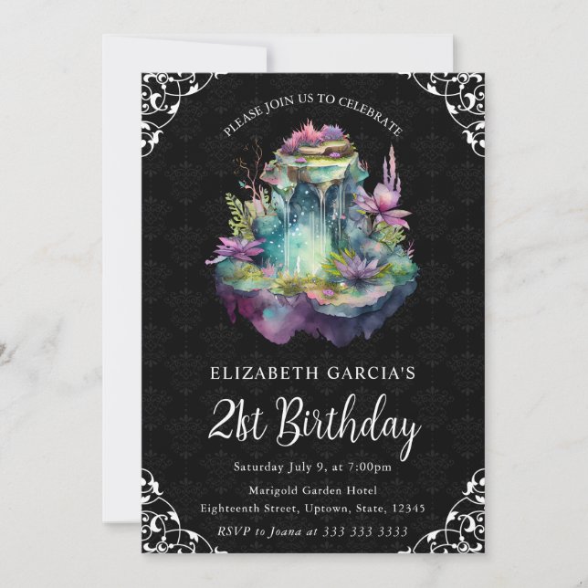 Watercolor Fantasy Fairy Fountain 21st Birthday Invitation (Front)