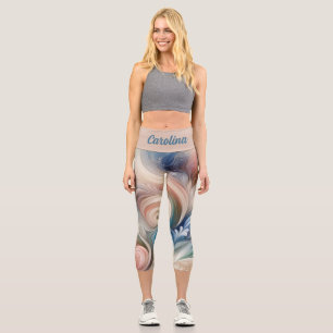 Watercolor Fantasy Floral Pastel Blue & Cream  Capri Leggings