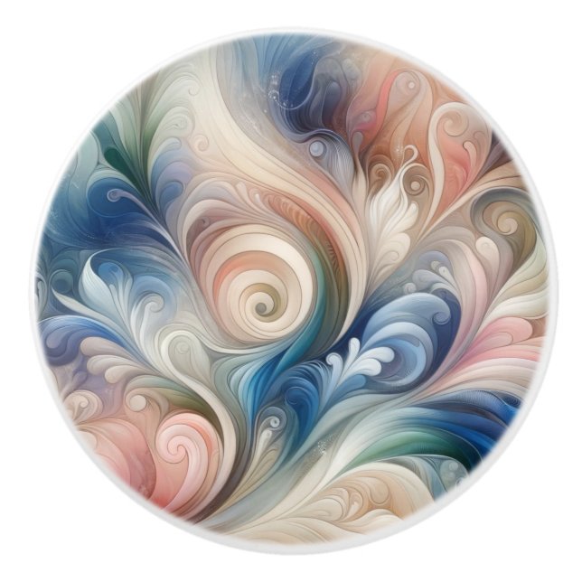 Watercolor Fantasy Floral Pastel Blue & Cream  Ceramic Knob (Front)