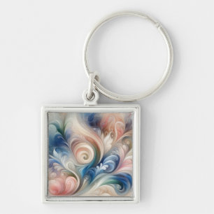 Watercolor Fantasy Floral Pastel Blue & Cream  Keychain