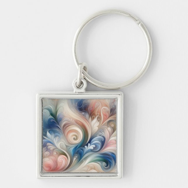 Watercolor Fantasy Floral Pastel Blue & Cream  Keychain (Front)
