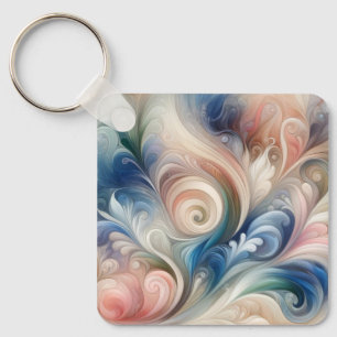 Watercolor Fantasy Floral Pastel Blue & Cream Keychain
