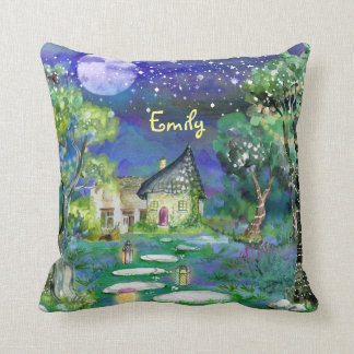 Watercolor Fantasy Woods Fairy Light Magic Cottage Throw Pillow