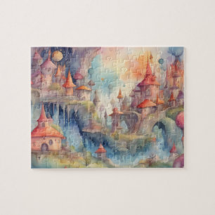 Watercolor Fantasy World Colorful Castles Jigsaw Puzzle
