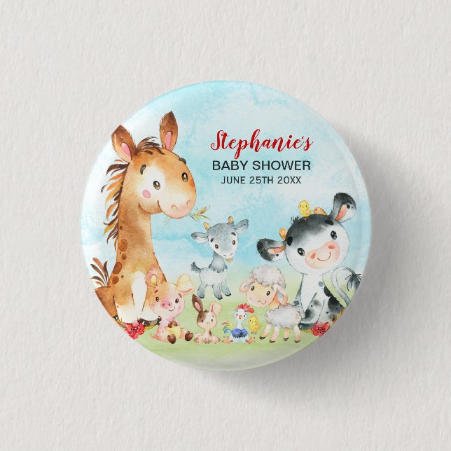 Watercolor Farm Animals Baby Shower 1 Inch Round Button (Front)