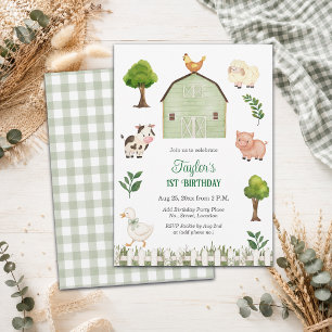 Watercolor Farm Animals Barn 1st Birthday Party Invitation